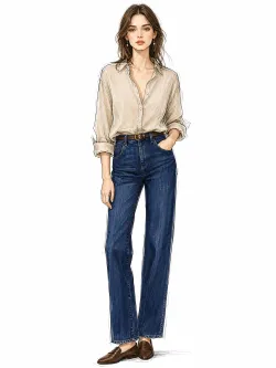 European female model, no head tilting up, effortless French casual style, soft linen beige shirt unbuttoned slightly, high‑waisted dark blue denim straight jeans, thin leather waist belt, small delicate drop earrings, relaxed posture, gentle soft frontal daylight, warm off‑white background,