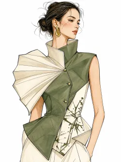 fashion croquis sketch, black‑and‑white line art, female fashion figure, half‑body, avant‑garde structured garment, clear clothing silhouette and seam details, only outline lines, no color, minimal hatching, white background, fashion design sketch, no shading rendering --ar 3:4 --style raw
