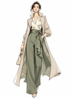 fashion illustration, full body female model, wearing elegant designer outfit, clean bold outlines, flat color blocks, soft grain texture, minimalist fashion editorial style, muted high‑end color palette, simple solid background, sharp clothing silhouette, delicate fabric fold details, no extra text, aesthetic fashion drawing, vector art, 3:4, high detail