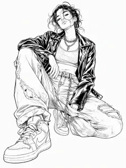 Cool street‑style fashion illustration, american street fashion, cool female character, leather jacket denim outfit, dynamic pose, bold graphic drawing, strong outline, high‑saturation color block, graffiti‑influenced fashion art, simple solid background, emphasize clothing texture, fashion editorial drawing, no text, no watermark, 3:4