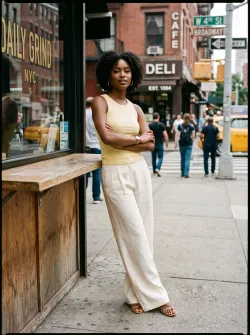 Create a product model image of a butter-yellow fitted tank top. The model is a beautiful adult young Black woman wearing wide-leg cream trousers. She is standing in a newyork street, one hip leaned lightly against the counter, arms folded loosely, looking directly at the camera. the image looks like a movie poster, need to be real not like ai generate