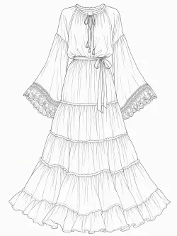 Dress: "Loose flowy tunic dress, wide flared long sleeves, lace trim details on cuffs, high-waisted tiered long skirt, layered ruffled sections, plenty of soft fabric gathers, thin waist belt"