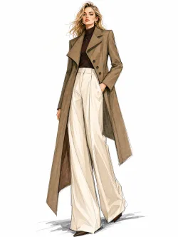 Outerwear: "Long-length asymmetrical coat, single-breasted buttons, wide lapels and long sleeves, paired with high-waisted wide-leg trousers featuring side pockets and floor-grazing length, simple and elegant, European and American female model"
