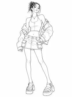 Streetwear: "Low-rise mini cargo skirt with big flap side pockets, fitted halter neck crop top, open back design, oversized lightweight cropped denim jacket draped over shoulders, platform chunky sandals, youthful retro 2000s silhouette, sharp clothing outlines, line art without fill"