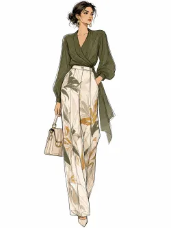 Editorial: "Fashion illustration, full body female model, wearing elegant designer outfit, clean bold outlines, flat color blocks, soft grain texture, minimalist fashion editorial style, muted high-end color palette, simple solid background"