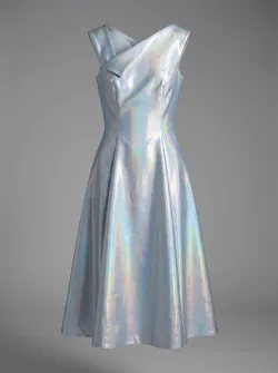 A structured midi dress in holographic silver-blue iridescent fabric, architectural neckline, invisible seaming, editorial fashion photography quality, soft studio lighting.