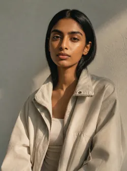 Black hair, female-presenting, early 20s, warm medium-brown skin tone, oval face shape, symmetrical facial features, straight shoulder-length hair, athletic yet slender body type, naturalistic model look.