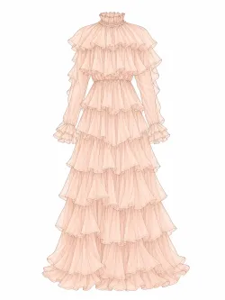 Emphasize ruffled high - neck, long sleeves, tiered skirt silhouette. Use soft peach for fabric, clean outline for sketch.