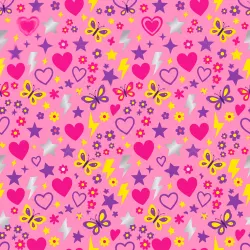 Trendy European Y2K seamless pattern, colorful hearts, stars, butterflies, lightning bolts, and tiny flowers arranged in a playful composition, pink, purple, silver, and bright yellow color palette, youthful and energetic aesthetic, nostalgic early-2000s fashion vibe, suitable for clothing and accessories, evenly distributed elements, seamless repeat, four-way continuous pattern, no visible seams, high-resolution flat pattern design