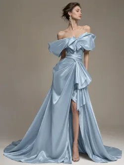 Female figure, wearing an off - the - shoulder gown with a large bow at the bust. The dress has a flowing, draped silhouette and a long train. Imagined in a soft, pastel blue color with a silk - like fabric.