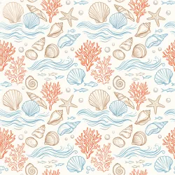 Sophisticated European resort-style seamless pattern, seashells, starfish, coral, waves, pearls, and small fish combined in an elegant composition, blue, ivory, light brown, and coral orange color palette, refined hand-drawn texture, premium vacation fashion aesthetic, suitable for summer dresses, swimwear, and beach accessories, naturally repeating elements, seamless repeat, four-way continuous pattern, no visible seams, high-resolution textile print