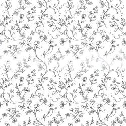 Black and white botanical line art seamless pattern, delicate hand-drawn branches, leaves, flowers, and flowing vines, white background with fine black linework, minimalist European and French fashion aesthetic, elegant and sophisticated, suitable for dresses, shirts, scarves, and home textiles, naturally repeating elements, balanced spacing, seamless repeat, four-way continuous pattern, clean flat surface design