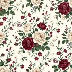 European vintage floral seamless pattern, large vintage roses mixed with small wildflowers, delicate vines and leaves, cream white, burgundy, and deep green color palette, elegant hand-painted texture, sophisticated retro aesthetic, suitable for high-end fashion fabrics, evenly distributed elements, balanced composition, seamless repeat, four-way continuous pattern, no visible seams, clean flat pattern design, high-resolution details