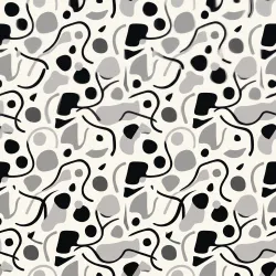 Modern European minimalist seamless pattern, abstract irregular geometric shapes, circles, curved lines, and organic blocks, black, ivory, and light gray color palette, clean and sophisticated contemporary aesthetic, suitable for fashion and home textile fabrics, evenly spaced elements, balanced composition, seamless repeat, four-way continuous pattern, no visible edges or seams, clean flat graphic design