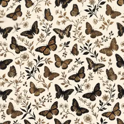 High-fashion butterfly seamless print, various butterflies in different poses combined with delicate flowers, ivory background with black, brown, and muted gold accents, elegant and refined European luxury aesthetic, suitable for silk dresses, blouses, and premium fashion fabrics, balanced element distribution, subtle variation in scale, seamless repeat, four-way continuous pattern, no visible seams, high-resolution flat textile pattern