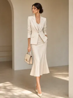 Female. Wearing an off - white single - button blazer, a matching camisole underneath, a long pencil skirt with a flared hem. Holds a beige handbag and wears off - white high - heels. A sophisticated business - casual style.